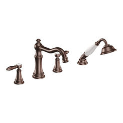 Click here to see Moen TS21104ORB Moen TS21104ORB Weymouth Two-Handle Diverter Roman Tub Faucet with Handheld Shower, Oil Rubbed Bronze