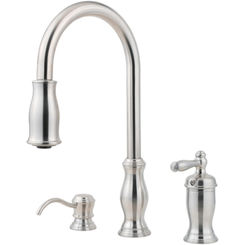 Click here to see Pfister GT526-TMS Pfister GT526-TMS Hanover Single-Handle Pulldown Kitchen Faucet w/ Soap Dispenser, Stainless Steel