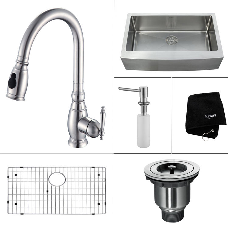 Kraus KHF200-36-KPF2150-SD20 Farmhouse Kitchen Sink w/ Kitchen Faucet And  Soap Dispenser, Stainless Steel