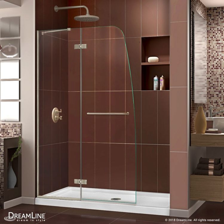 Dreamline Aqua Ultra 36 D X 48 W X 74 3 4 H Frameless Shower Door In Brushed Nickel And Center Drain White Base Kit Dl 6200c 01cl