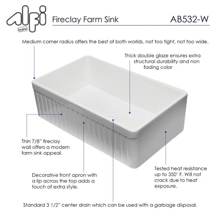 View 8 of Alfi AB532-B ALFI AB532-B Fluted Fireclay Farm-Style Kitchen Sink, Biscuit
